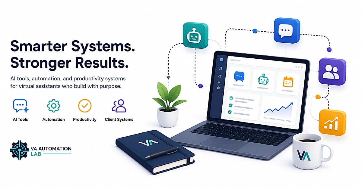 Illustration of a virtual assistant workflow combining AI tools, automation, productivity systems, and client management to create scalable business operations.