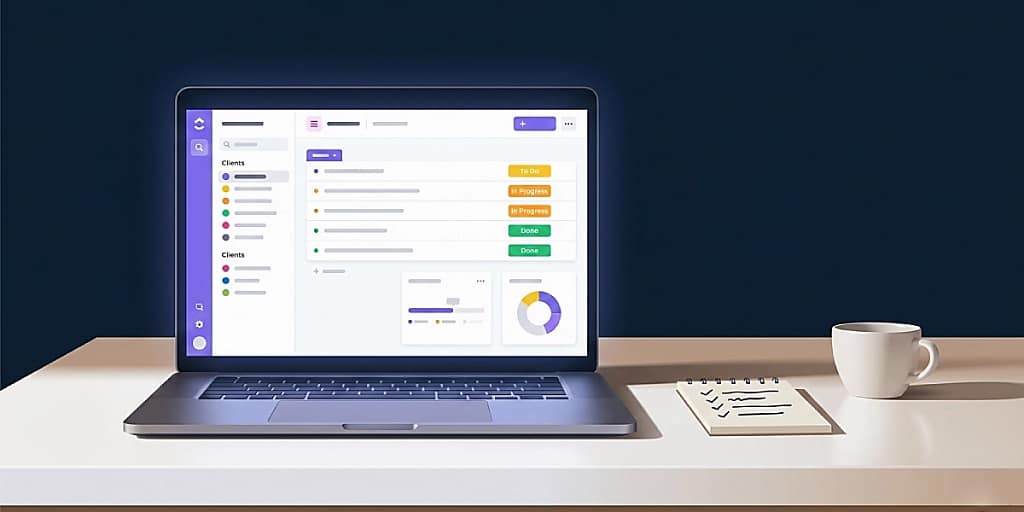 ClickUp for virtual assistants — structured workspace with color-coded client lists, task management dashboard, and organized project views on a modern laptop.