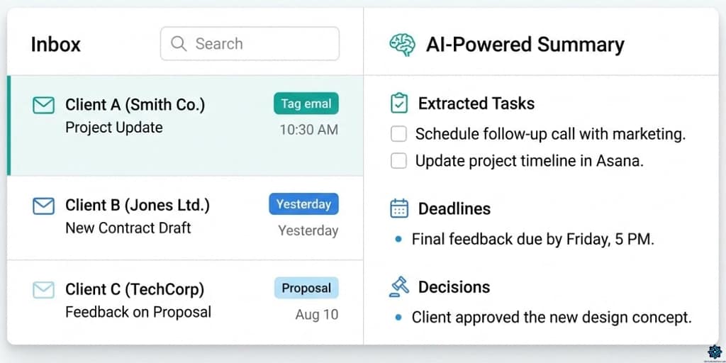 AI-powered inbox management for virtual assistants managing multiple clients — categorized emails by client with AI-extracted tasks, deadlines, and recommended actions.