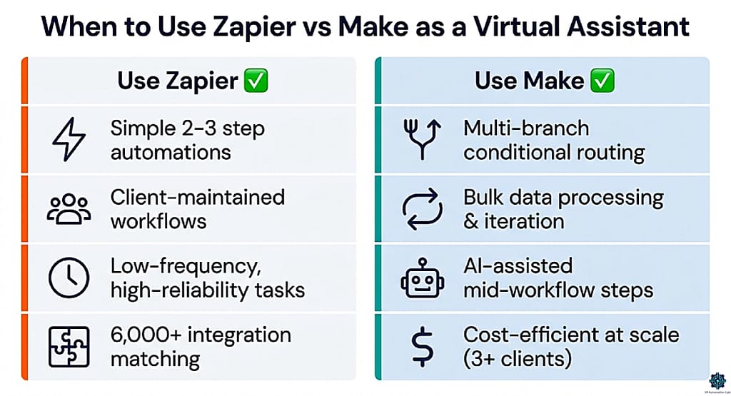 Best use cases for Zapier vs Make for virtual assistants: Zapier for simple linear tasks, Make for branching systems