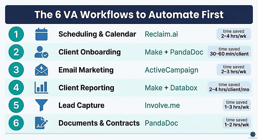 The 6 VA workflows worth automating first — framework diagram for virtual assistants.
