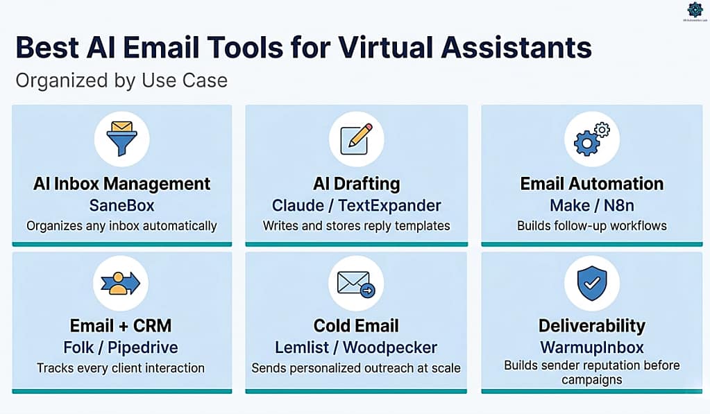 Best AI email tools for virtual assistants organized by use case — inbox management, automation, CRM, cold email, and deliverability
