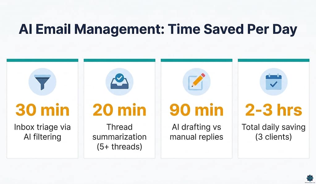 AI email management time savings for virtual assistants — 2 to 3 hours daily recovered across drafting, filtering, and follow-ups
