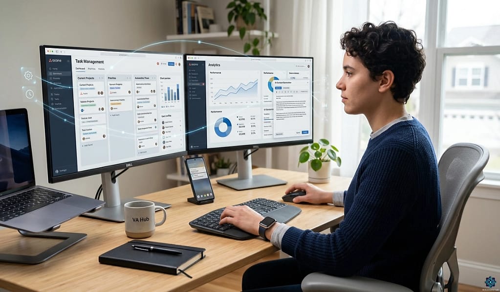 AI powered productivity system for virtual assistants visualized in a realistic home office setup, with a virtual assistant working on dual screens showing task management, communication tools, automation workflows, and performance analytics.