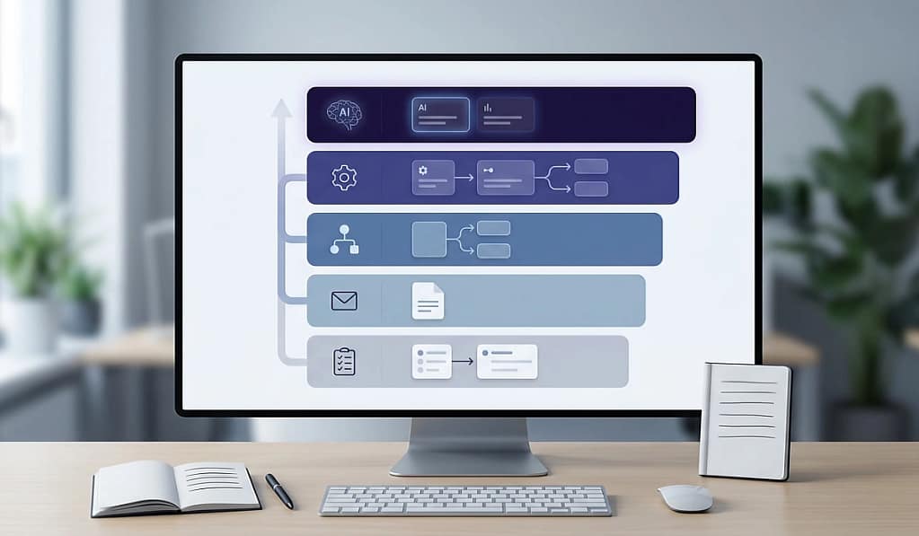 AI powered productivity system for virtual assistants — five-layer framework from task management to strategic planning visualized as a connected system on a monitor screen.