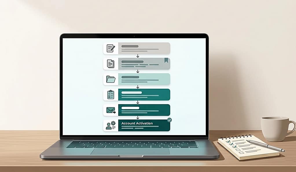 How to automate client onboarding for virtual assistants — visual pipeline showing the complete onboarding workflow from intake form to kickoff on a laptop screen.