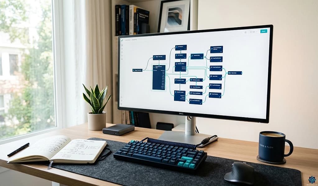 Best automation workflows for virtual assistants — connected workflow modules on a monitor screen showing a multi-step automation system