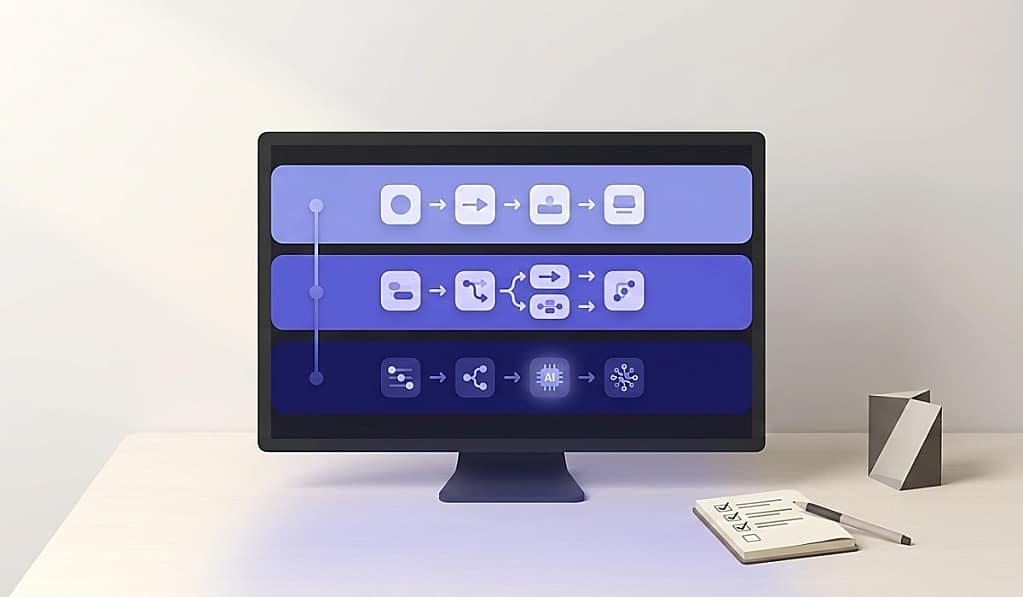 Best automation workflows for virtual assistants — three-level system from beginner to advanced showing connected workflow modules on a monitor screen.