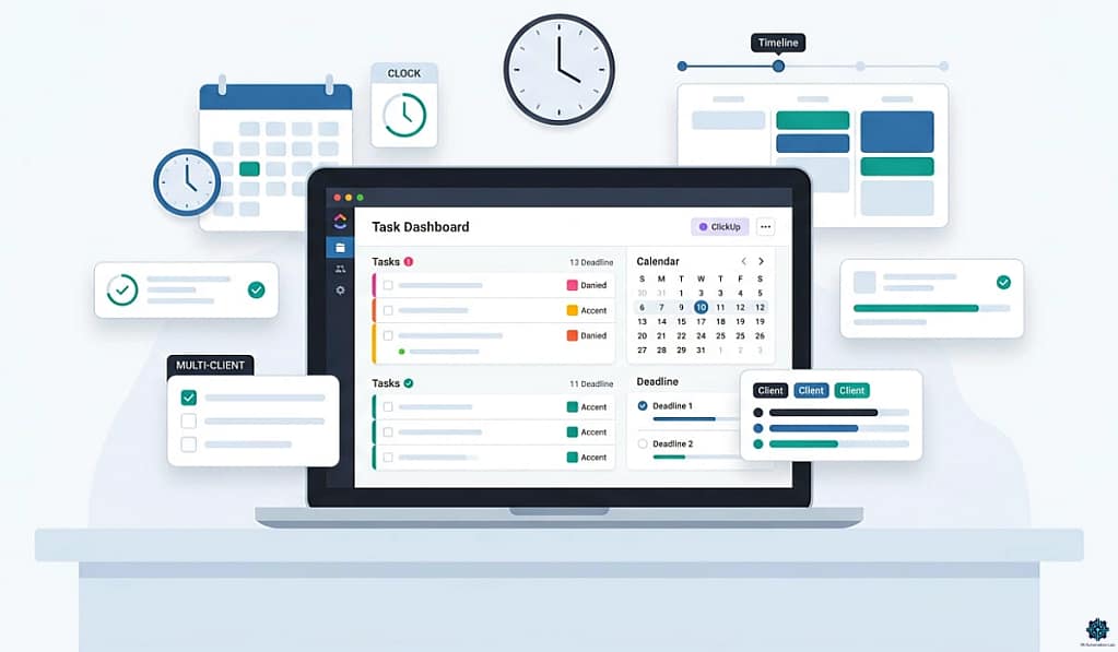 ClickUp for virtual assistants — structured workspace with color-coded client lists, task management dashboard, and organized project views on a modern laptop.