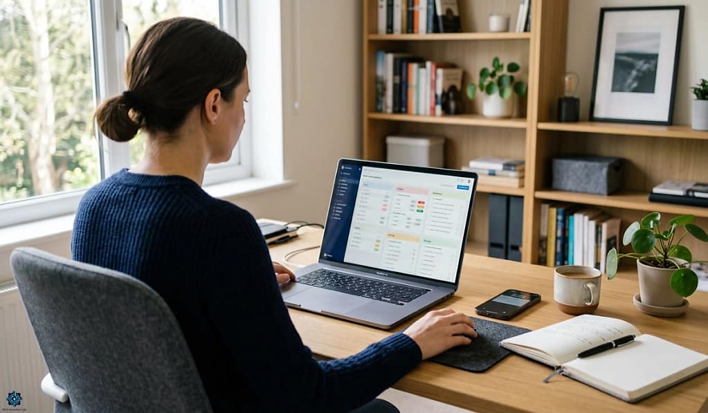 Virtual assistant managing multiple clients using AI tools with organized dashboards, task management, and automation workflows on a laptop