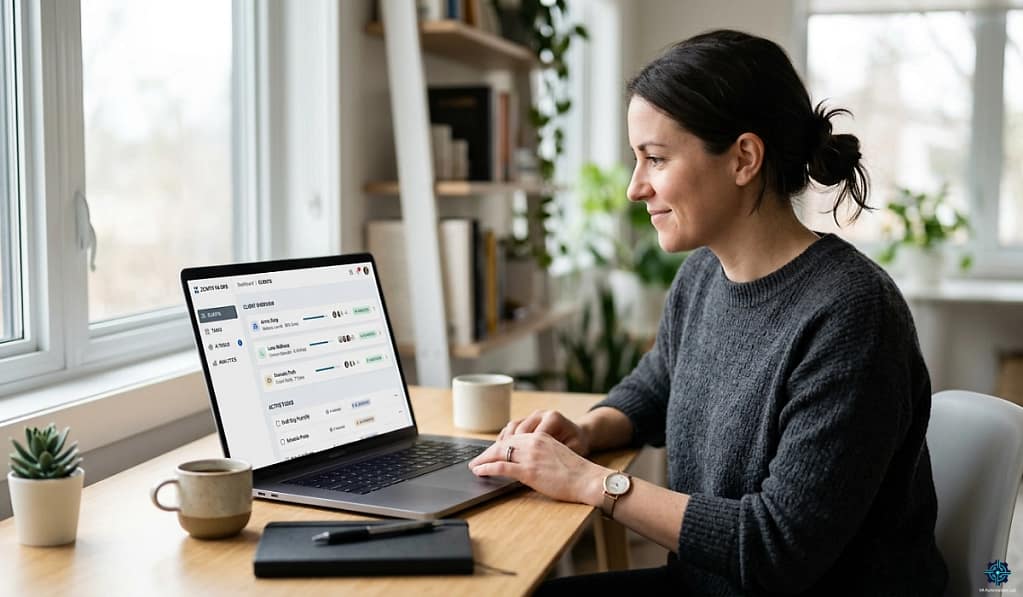 Virtual assistant managing multiple clients using AI tools with organized dashboards, task management, and automation workflows on a laptop