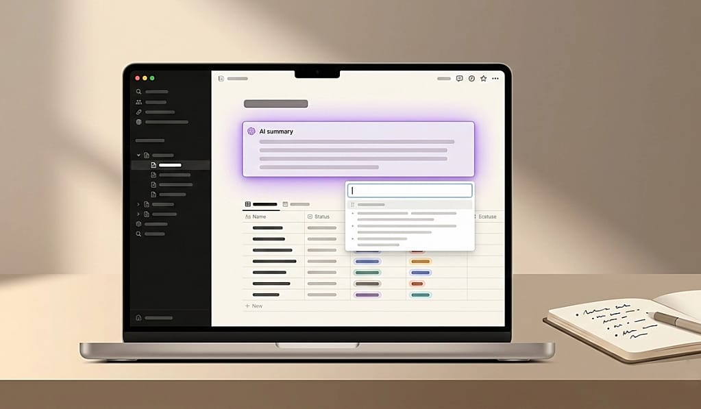 Notion AI for virtual assistants — workspace with AI-generated summaries, structured databases, and document management on a modern laptop.