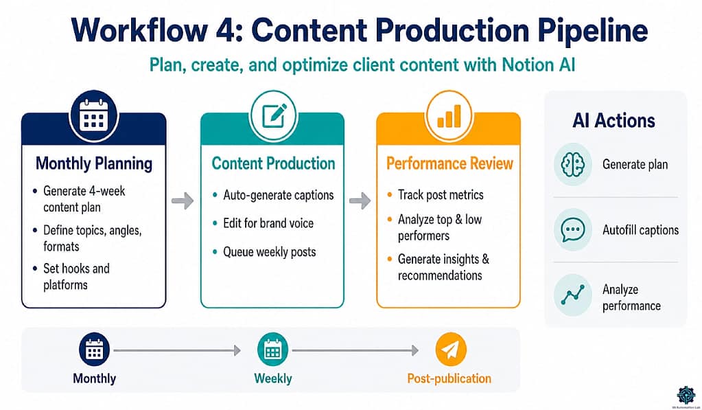 Notion AI content production workflow for virtual assistants showing monthly planning, caption generation, and performance analysis pipeline inside a content calendar system
