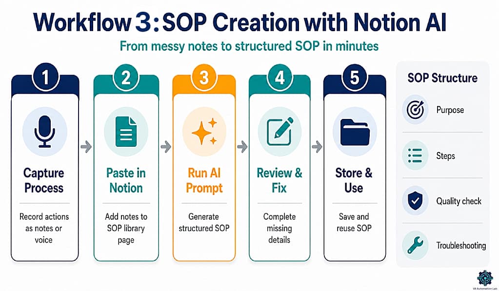 Notion AI SOP creation workflow showing how to turn process notes into structured standard operating procedures with steps, quality checks, and troubleshooting