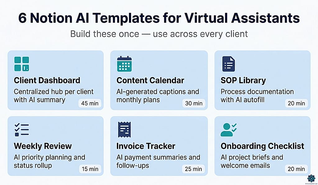 Six Notion AI templates for virtual assistants: client dashboard, content calendar, SOP library, weekly review, invoice tracker, and onboarding checklist.