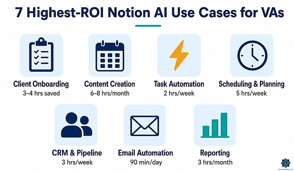 Seven Notion AI use cases for virtual assistants: client onboarding, content creation, task automation, scheduling, CRM, email, and reporting.