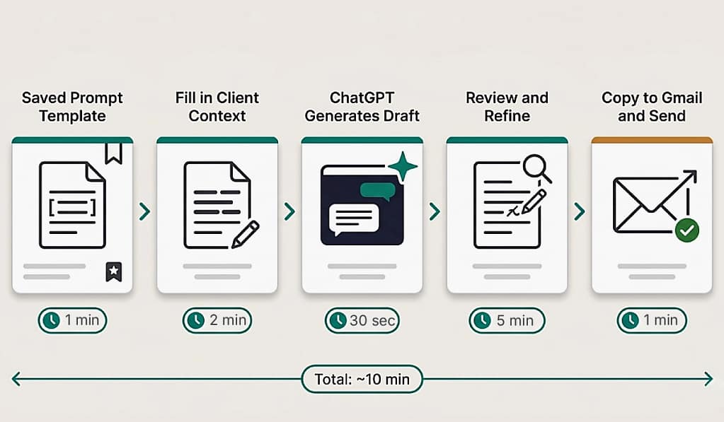 Four ChatGPT virtual assistant workflows — email to task pipeline, weekly reporting, weekly planning, and content repurposing automation for VA operations.