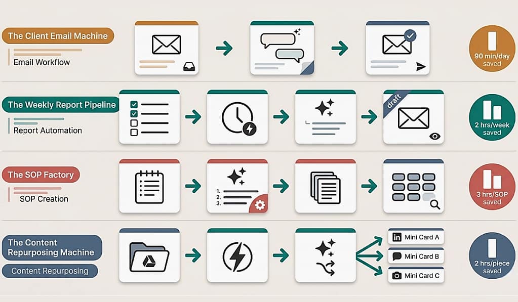Four ChatGPT virtual assistant workflows — email to task pipeline, weekly reporting, weekly planning, and content repurposing automation for VA operations.