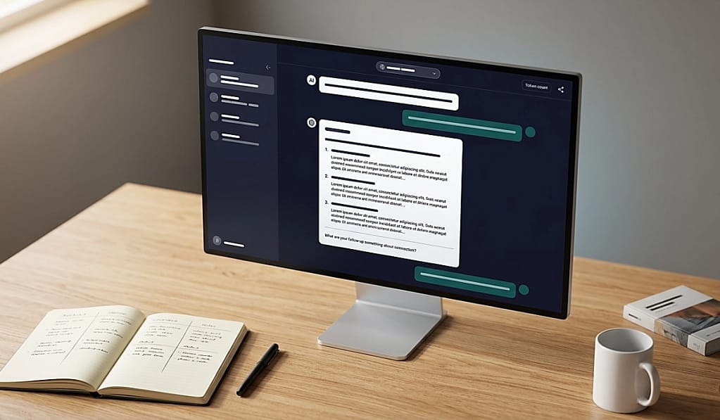 Claude AI for virtual assistants — dark mode AI chat interface showing structured multi-turn conversation with document output on monitor.