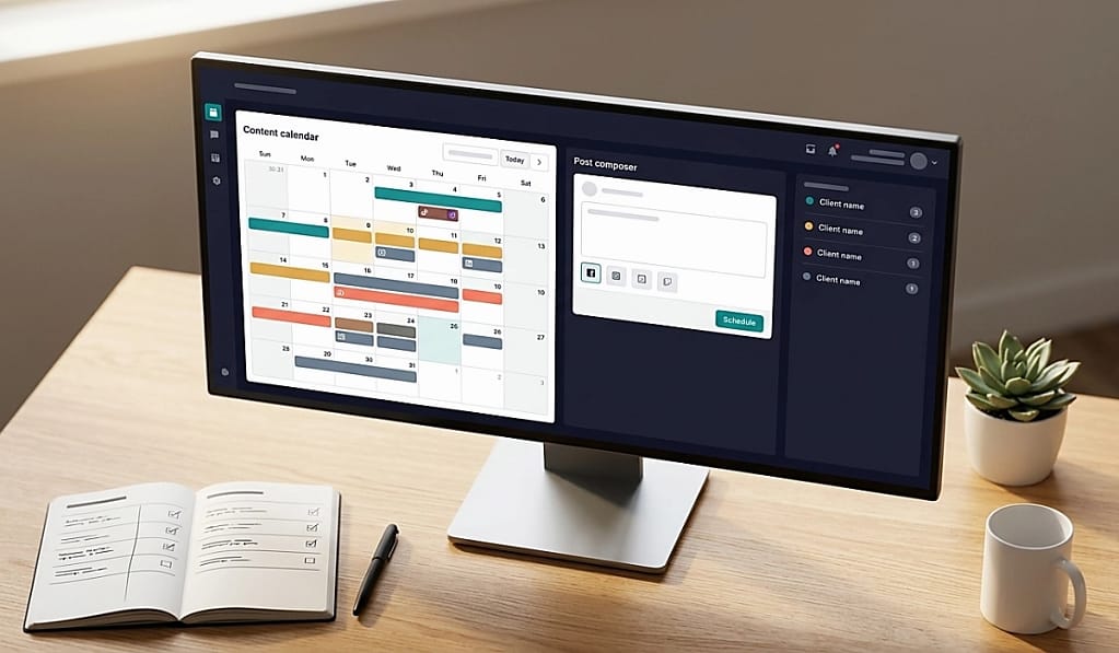 Social media automation for virtual assistants — scheduling dashboard with multi-client content calendar, post composer, and client panel on ultrawide monitor.