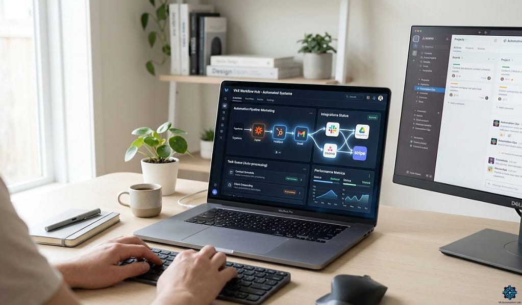 Automation for virtual assistants - automated workflows on a laptop with connected apps, task pipelines, and digital integrations in a modern workspace
