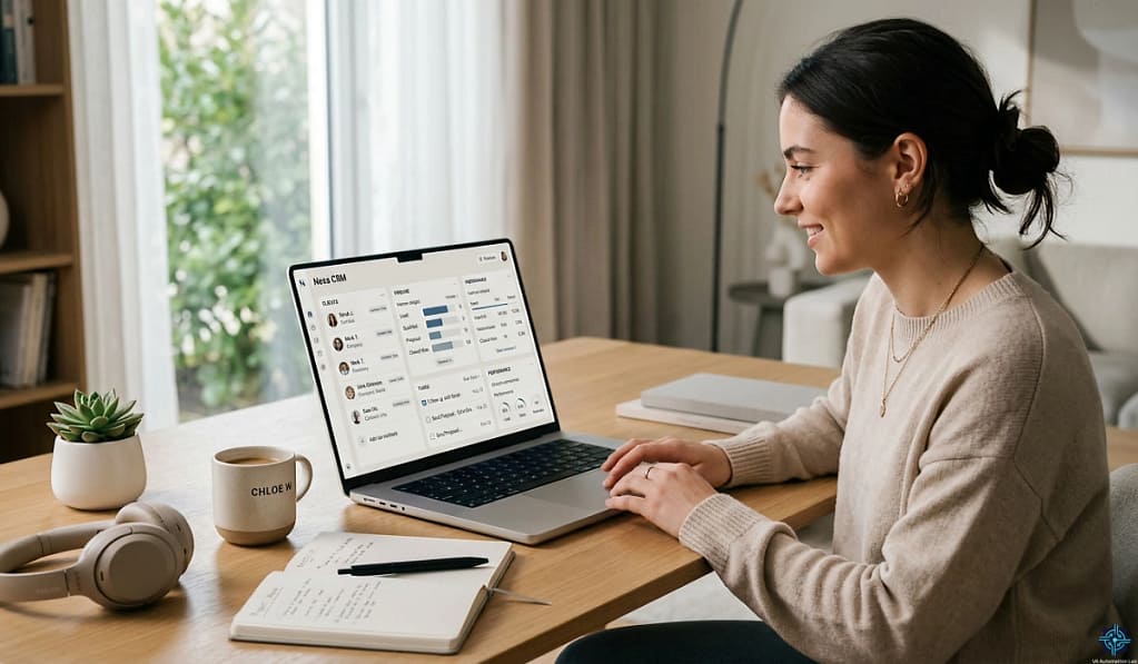 Virtual assistant managing clients using a CRM dashboard on laptop with pipeline, contacts, and task tracking interface in a modern workspace