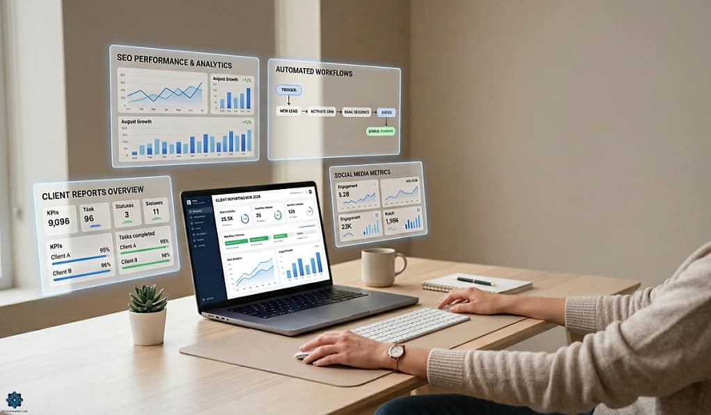 Automate client reporting for virtual assistants: a VA's working desk with a laptop showing a live analytics dashboard at center, surrounded by various reports.