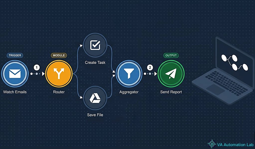 Make.com for virtual assistants — automation scenario with circular
nodes, Router branching, Gmail trigger, ClickUp, Aggregator and delivery.