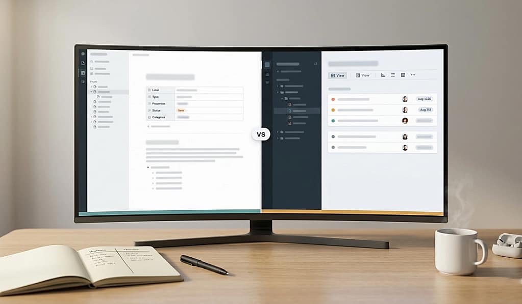 Notion vs ClickUp for virtual assistants — split-screen comparison of document-centric and task-centric interfaces with VA decision framework panel.