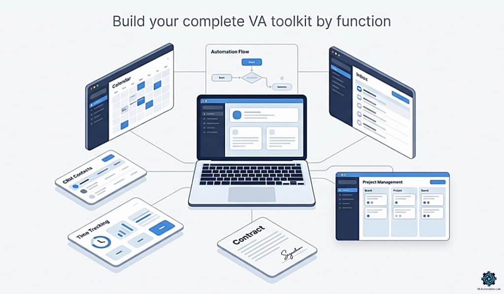Best tools for virtual assistants in 2026 illustrated as a complete VA software toolkit including scheduling, automation, CRM and project management tools