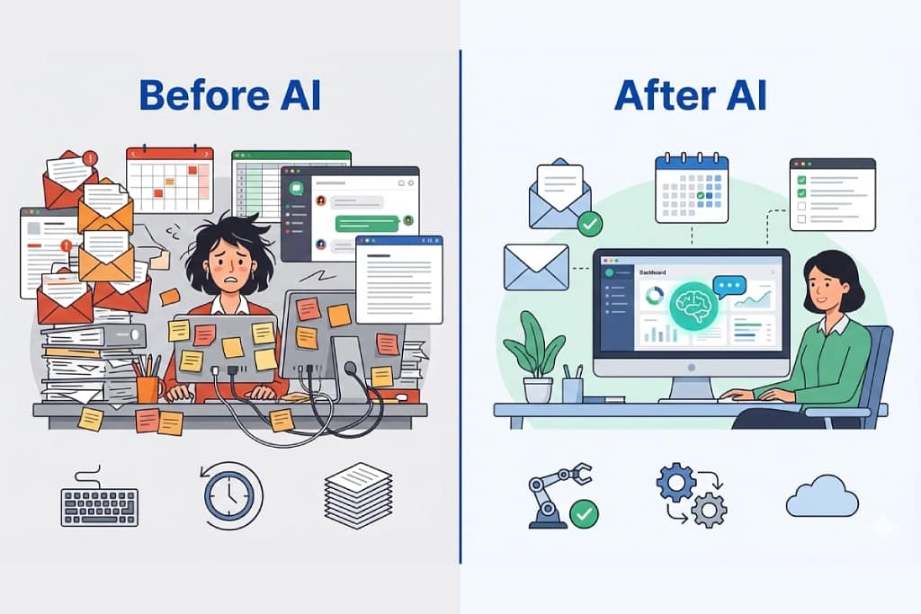 How to start using AI as a virtual assistant — before and after
comparison showing the shift from tool overload to a clean,
organized AI workflow.