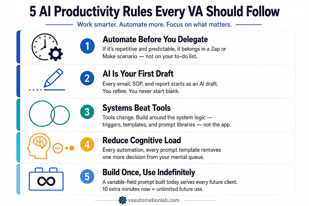 Five core principles of AI-driven productivity for virtual assistants — automate, first draft, systems beat tools, reduce cognitive load, build once.
