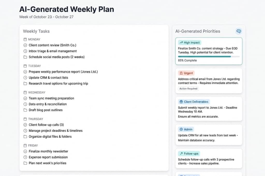 AI generated weekly plan for virtual assistants — structured daily schedule with priorities, time blocks, and capacity warnings.