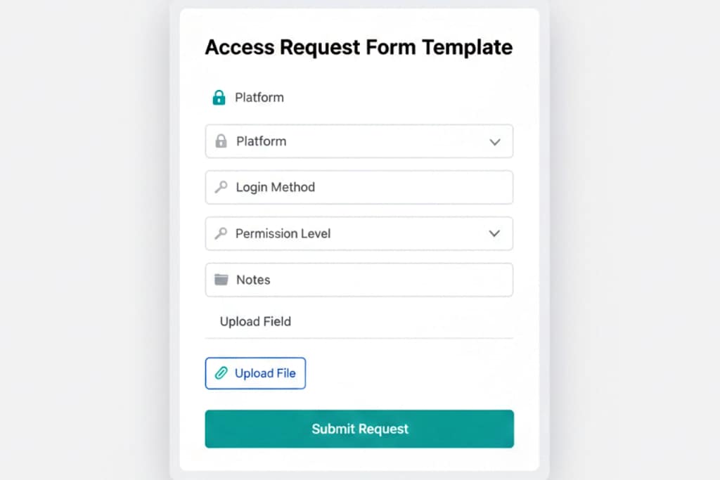 Access request form template for virtual assistants — collecting platform credentials and permissions during client onboarding.