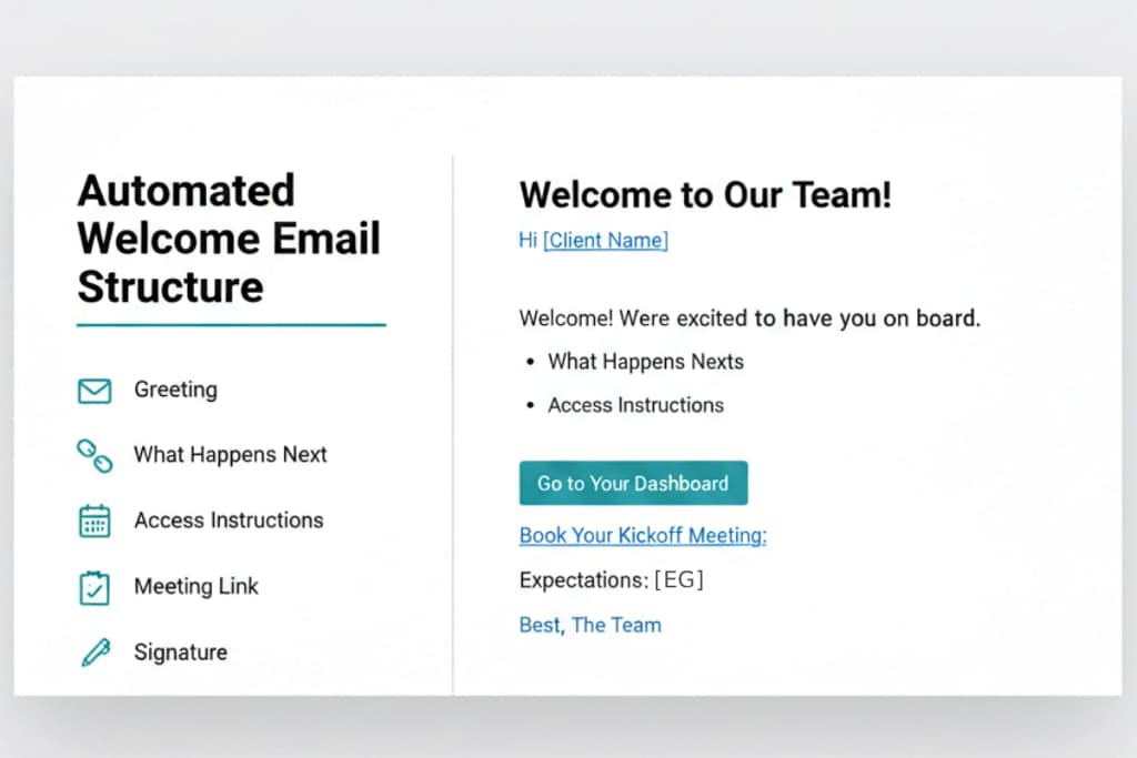 Automated welcome email structure for virtual assistant
client onboarding — subject line, opening, next steps, and access form link.