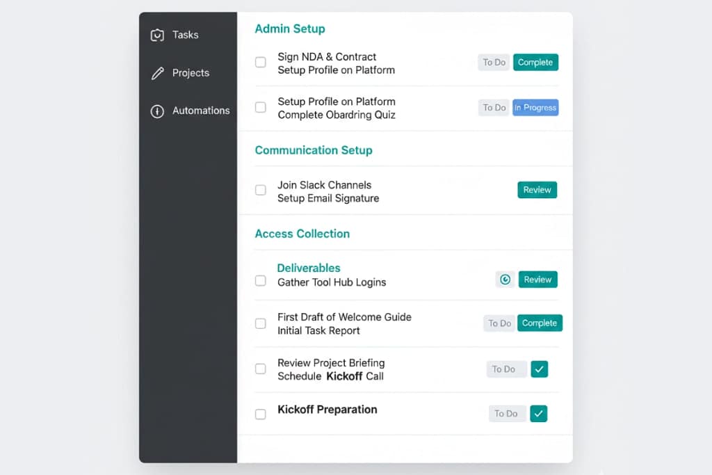 ClickUp onboarding list template for virtual assistants — task structure for admin setup, access collection, communication, and kickoff preparation.