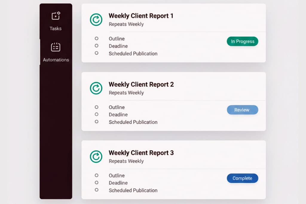 ClickUp recurring task system for virtual assistants — automated weekly and monthly client delivery with status updates and task generation