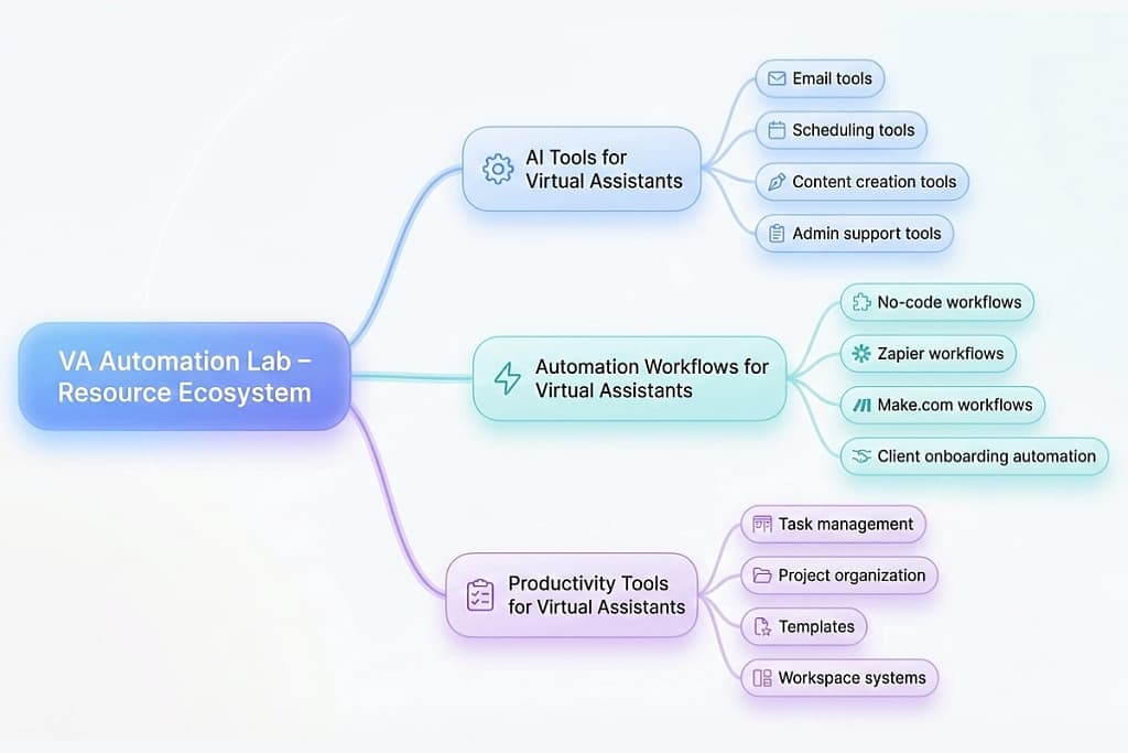 Virtual assistant tools and resources hub — AI tools,
automation workflows, and productivity systems organized
as an integrated system by VA Automation Lab
