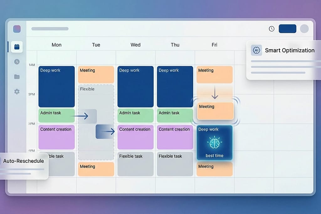 Stylized weekly calendar illustrating an ideal Virtual Assistant workflow with AI‑powered time blocking, deep‑work sessions, meetings, and flexible scheduling.