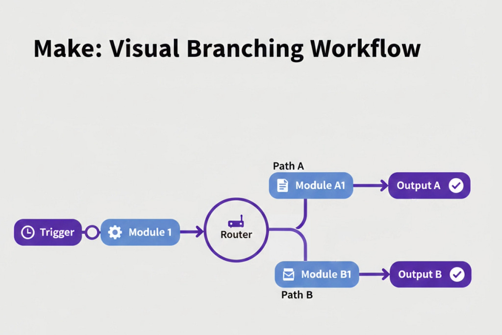 Make visual scenario builder — canvas with modules, router branching into multiple paths, and data transformation steps.