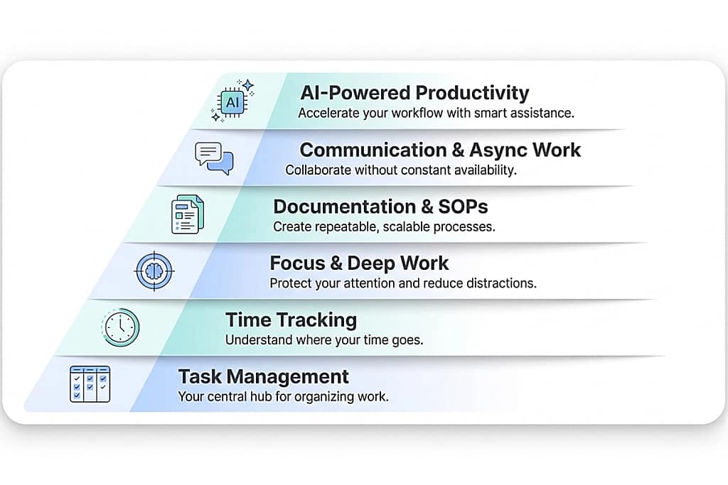 Pyramid‑style infographic illustrating the Virtual Assistant Productivity System Blueprint, with six layers: task management, time tracking, focus and deep work, documentation and SOPs, async communication, and AI‑powered productivity.
