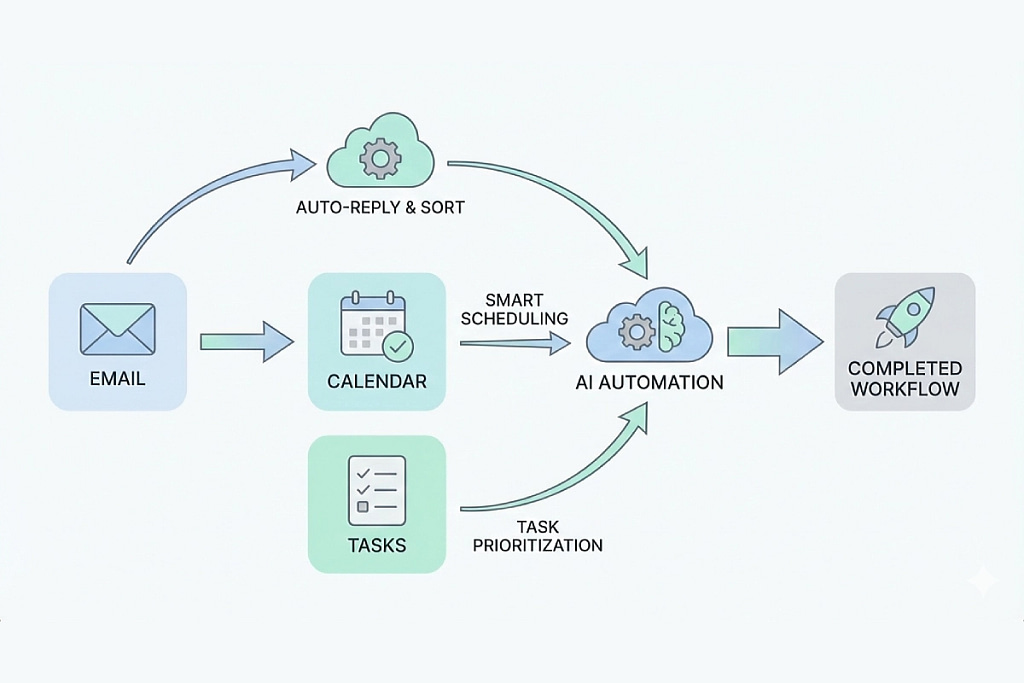 AI automation workflow for virtual assistants — email,
calendar, and tasks connected through AI automation
to a completed workflow.
