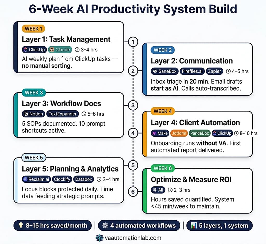 6-week implementation sequence for the AI powered productivity system for virtual assistants — numbered timeline showing one layer built per week with tools and success criteria.