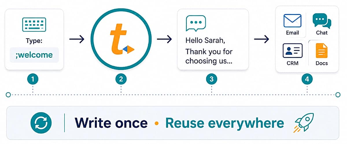 Diagram showing how a TextExpander snippet expands into reusable text across email, chat, CRM, and documents