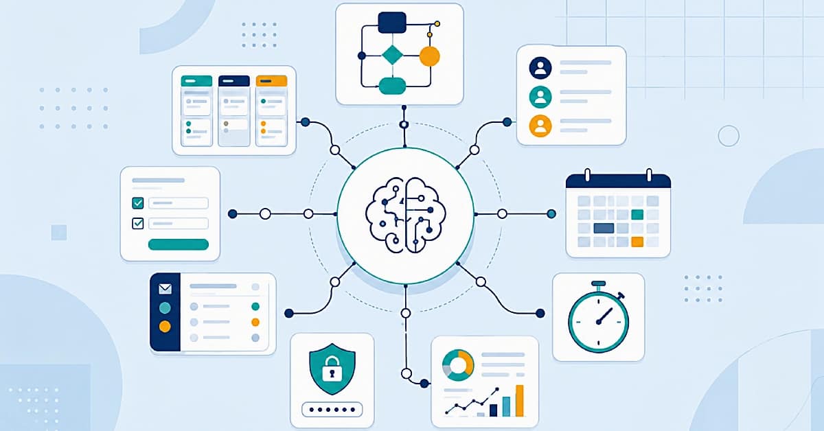 Illustration of an AI-powered virtual assistant workflow ecosystem connecting automation, project management, CRM, scheduling, email management, reporting, time tracking, onboarding, and security tools.