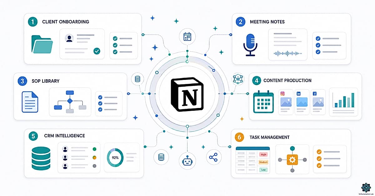 Notion AI operating system for virtual assistants with onboarding, SOPs, meeting notes, content workflows, and CRM