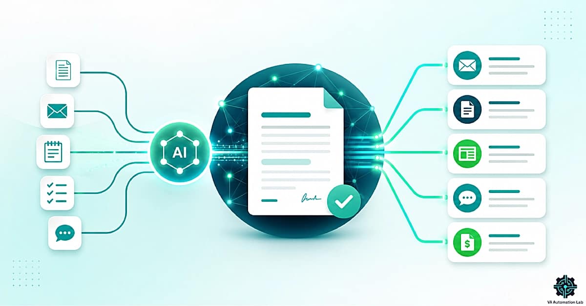 AI writing workflow for virtual assistants showing AI tools transforming emails, notes, briefs and tasks into professional client content including SOPs, newsletters, proposals and social media copy