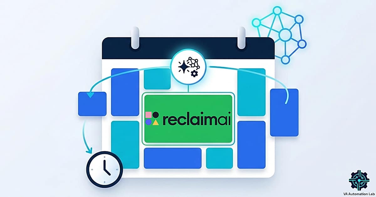 Reclaim.ai for virtual assistants showing AI-powered calendar scheduling, protected focus time blocks, automated meeting organization, and productivity-focused time management workflows.
