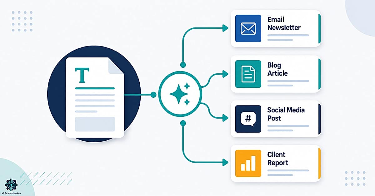 AI-powered content creation workflow showing a virtual assistant transforming one source document into blog posts, email newsletters, social media content, and client reports using AI writing tools