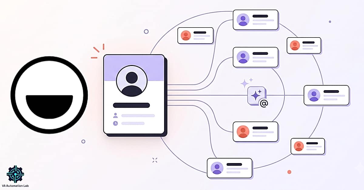 Interconnected client contact cards representing Folk CRM relationship management, AI-powered organization, and client tracking for virtual assistants